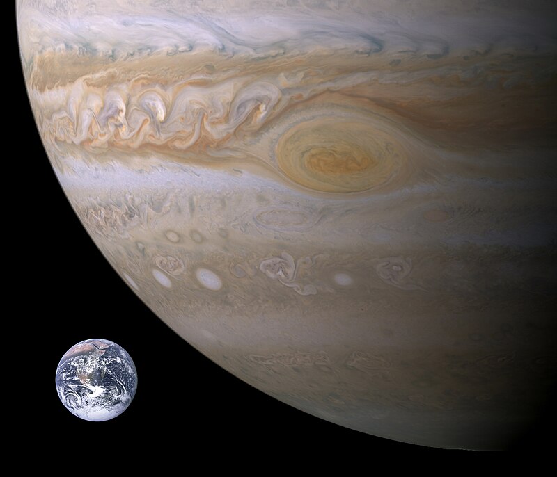 A Föld és a Jupiter méretének összehasonlítása. Forrás: Wikipédia